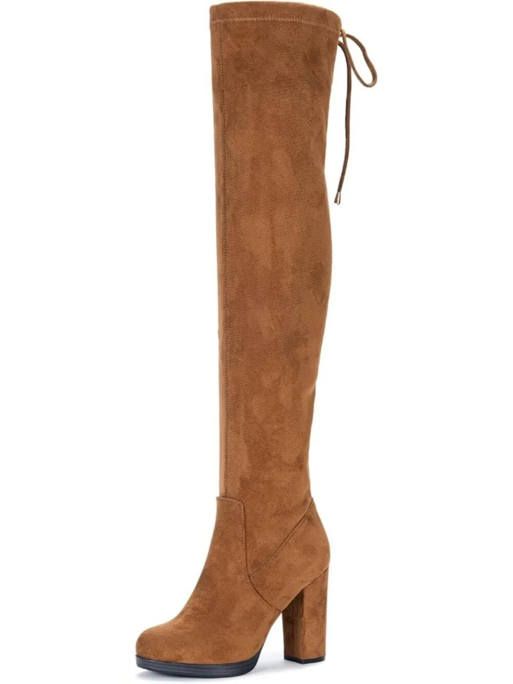 Women's Camel Block Heel Round Toe Faux Suede Over The Knee Thigh High Boots